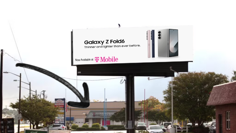 Digital Billboard near T-Mobile store with Samsung Ad also shown in-store
